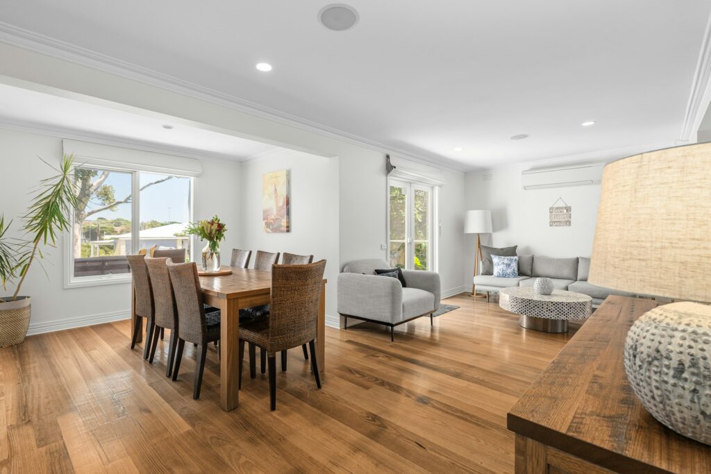 New hardwood flooring in a living and dining room