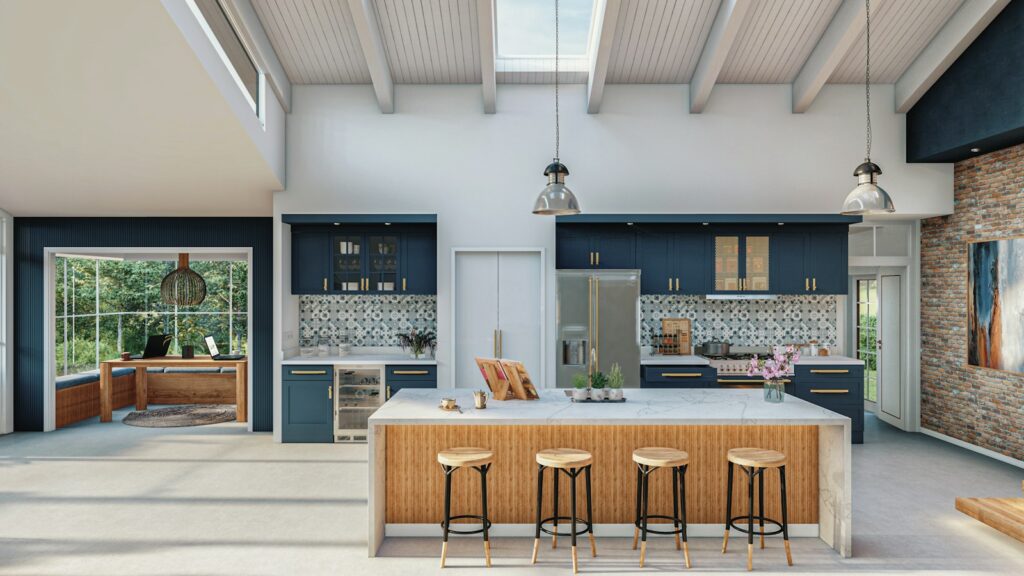 Open layout kitchen with center island